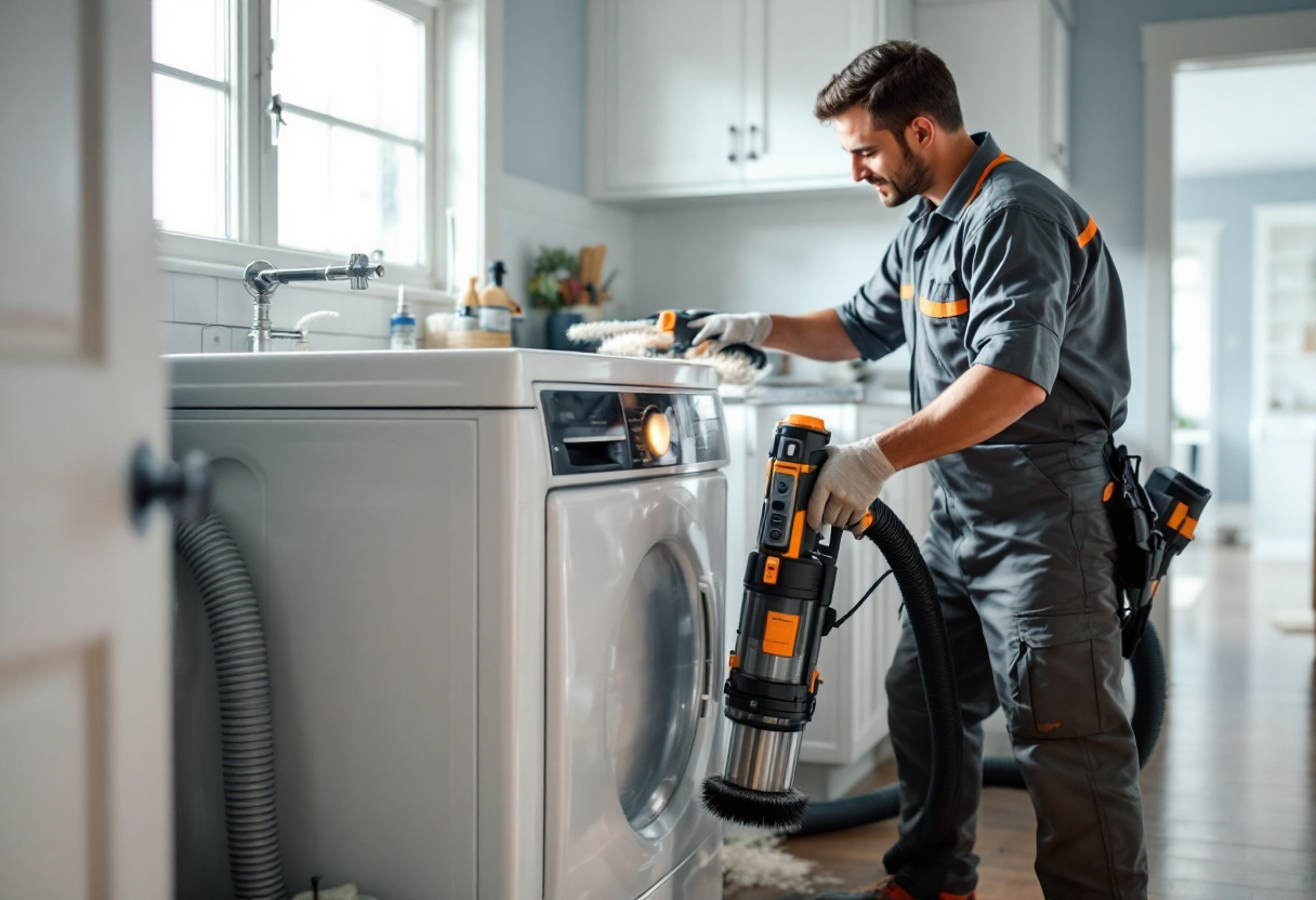 Clear Air technician removing lint from a dryer vent to prevent fire