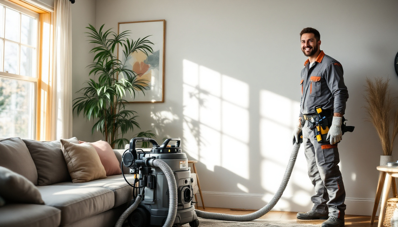 Clear Air technician cleaning a home air duct system in a Massachusetts living room